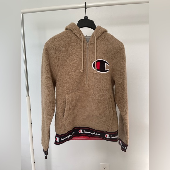 Champion Big C Sherpa Beige kangaroo pockets half zip up Hoodie - Picture 4 of 11